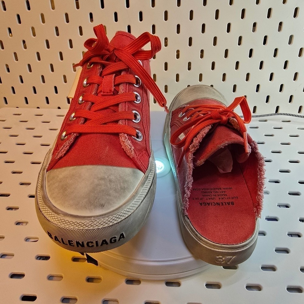 BALENCIAGA Womens Red Paris Canvas Mule Sneakers Sz 37 Distressed Streetwear Y2K - Picture 12 of 16